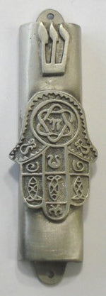 Load image into Gallery viewer, Pewter Chamsa Mezuzah with Kosher Mezuzah Scroll - Mezuzah for Door - Klaf
