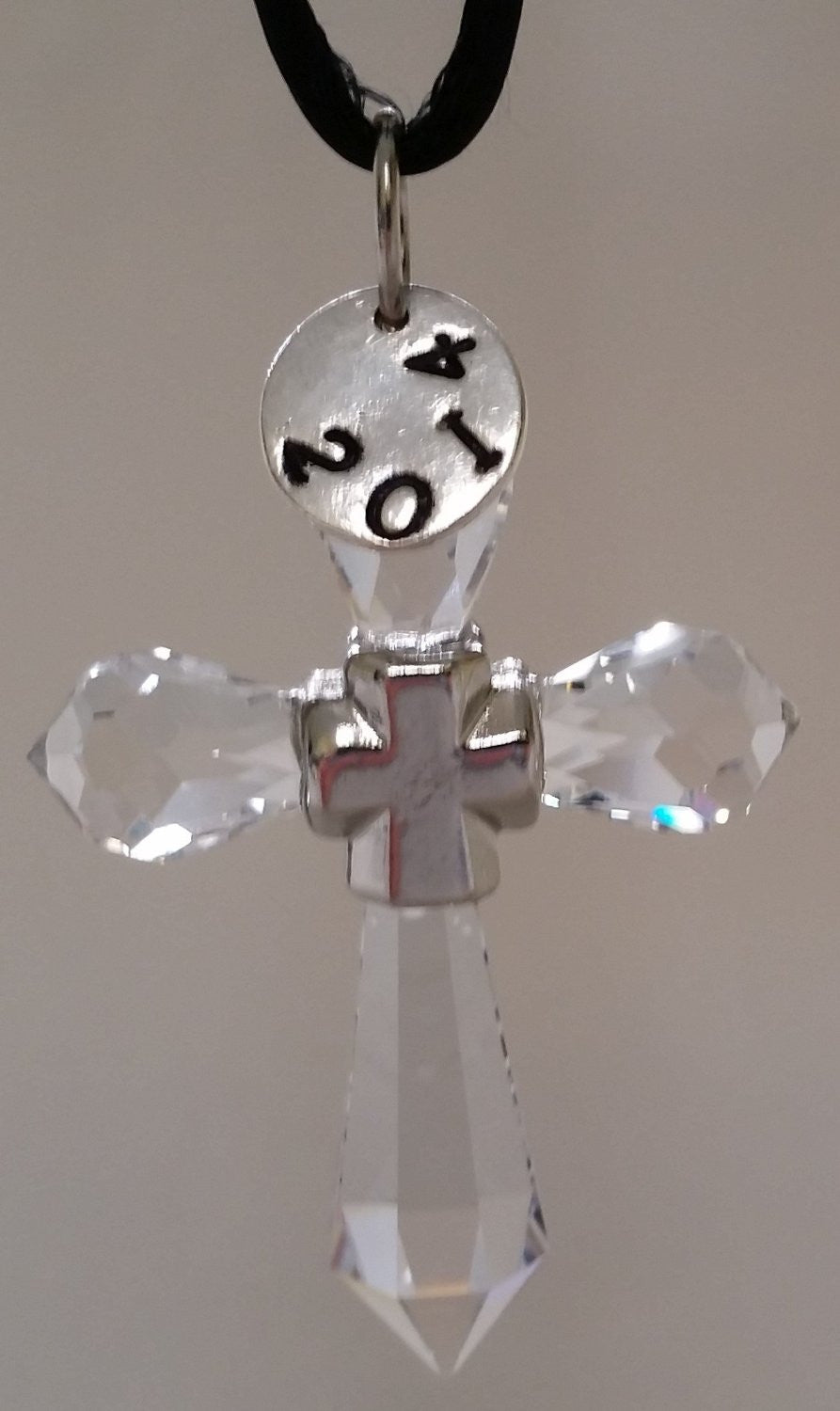 Hanging Crystal Cross Ornament Handcrafted By the Artisans At Bjcrystalgifts Using Swarovski Crystal with Hand Stamped Year