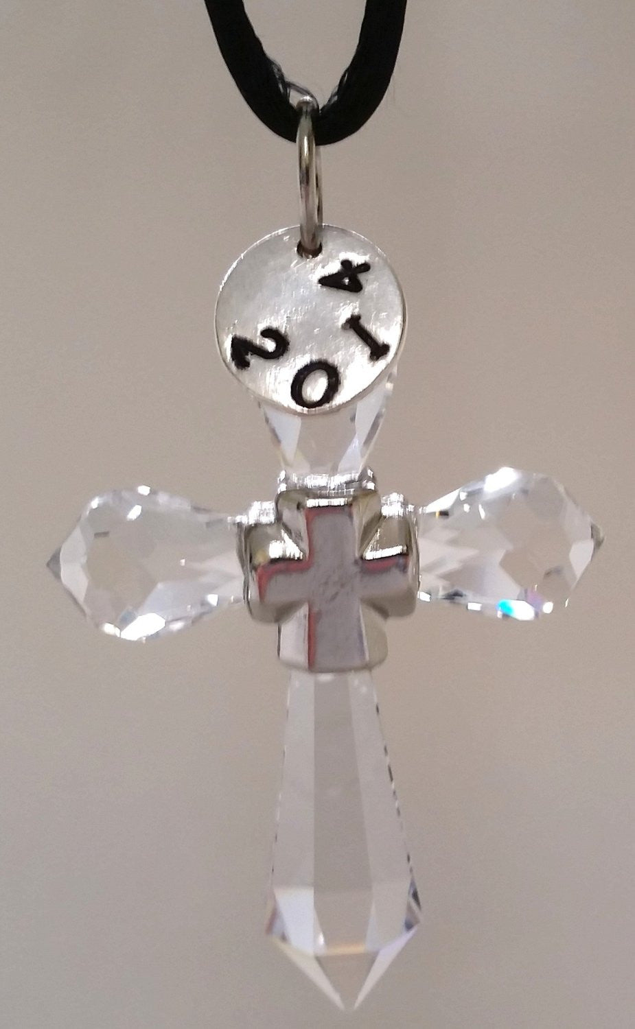 Hanging Crystal Cross Ornament Handcrafted By the Artisans At Bjcrystalgifts Using Swarovski Crystal with Hand Stamped Year
