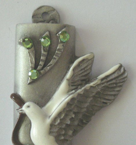 Pewter Mezuzah Peace Dove Handpainted Made with Swarovski Crystals - Dove Mezuzah for the Door