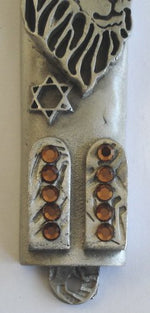 Load image into Gallery viewer, Lion of Judah Pewter Mezuzah with Ten Commandments Decorated with Swarovski Crystal and Kosher Mezuzah Scroll
