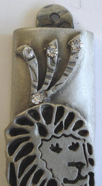 Load image into Gallery viewer, Lion of Judah Mezuzah Pewter with Ten Commandments Decorated with Swarovski Crystals
