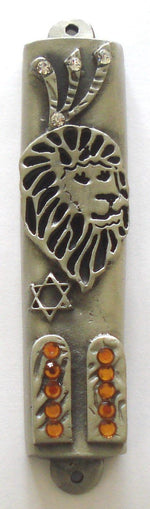 Load image into Gallery viewer, Lion of Judah Pewter Mezuzah with Ten Commandments Decorated with Swarovski Crystal and Kosher Mezuzah Scroll
