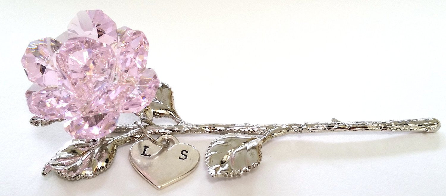 Pink Rose - Crystal Rose Handcrafted By the Artisans At Bjcrystalgifts Using Swarovski Crystal Personalized with Hand Stamped Initials