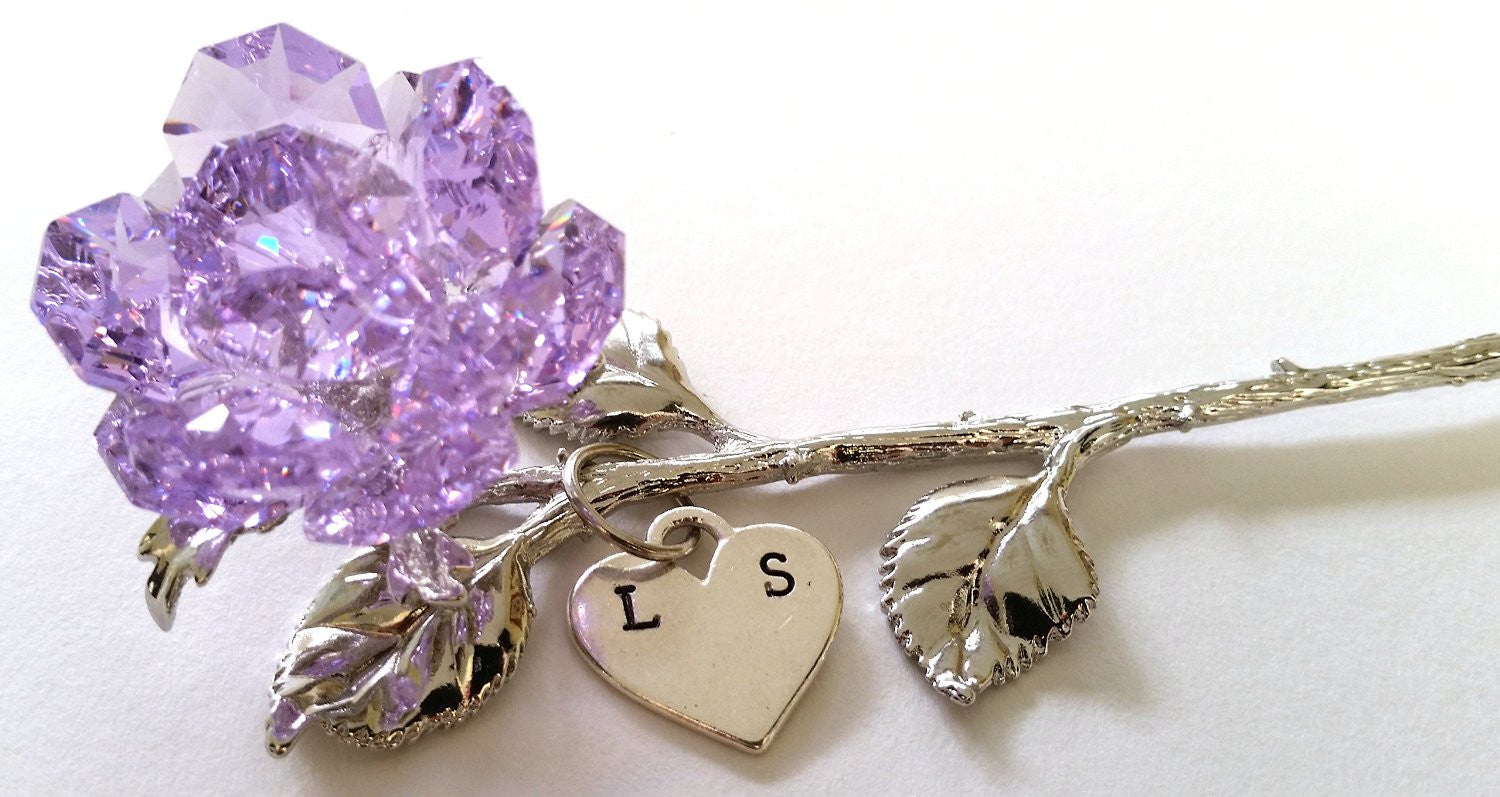 Purple Rose - Purple Crystal Rose Handcrafted By the Artisans At Bjcrystalgifts Using Swarovski Crystal Personalized with Hand Stamped Initials