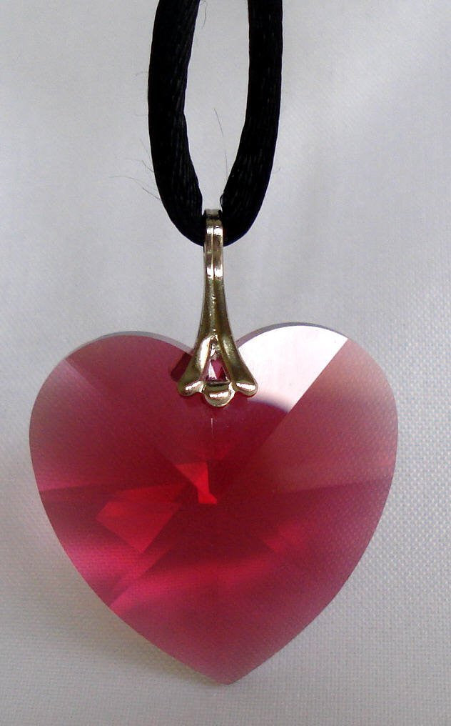 Crystal Red Heart Necklace on Black Cord Handcrafted With Swarovski Crystal