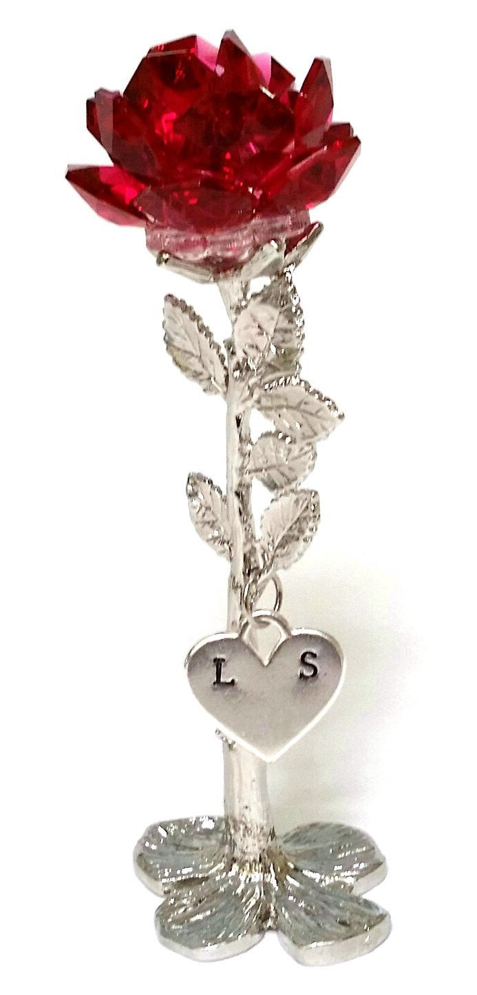 Red Rose - Crystal Red Rose with Initials on a Heart - Personalized Red Rose