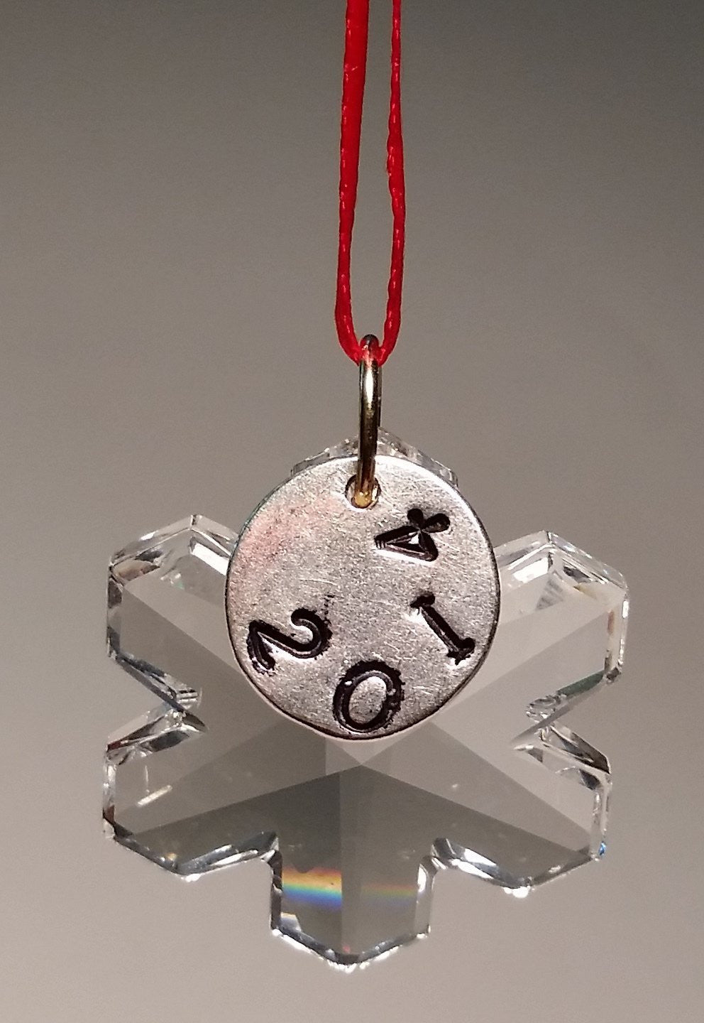 Crystal Snowflake Christmas Ornament with Year and Red Ribbon - Personalized Christmas Ornament