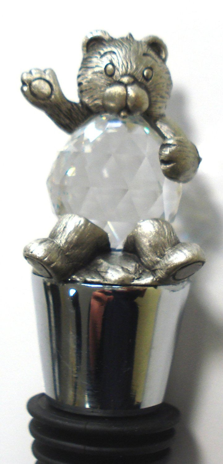 Pewter and Crystal Teddy Bear Wine Bottle Stopper Handcrafted By the Artisans At Bjcrystalgifts Using Swarovski Crystal